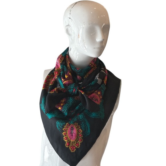 Diane Von Furstenberg Colorful Black Multi Paisley and Plaid Square Silk Scarf - Picture 15 of 15